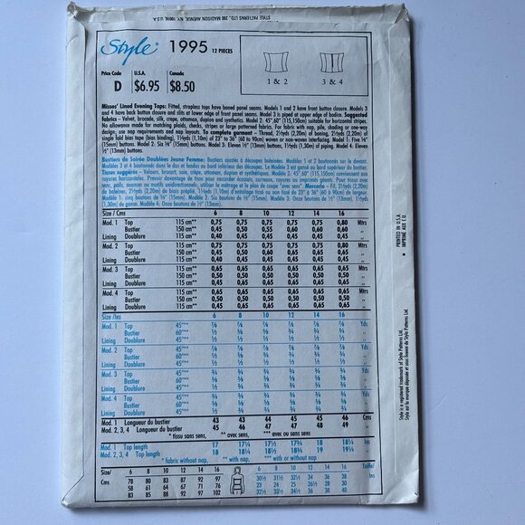 Style Pattern 1995 Lined Evening Tops - Picture 2 of 2